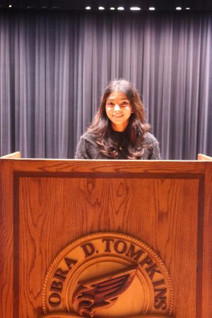 Senior Ahana Bhat executing a speech in the PAC. Bhat hopes she has made an positive impact at Tompkins during her four years.