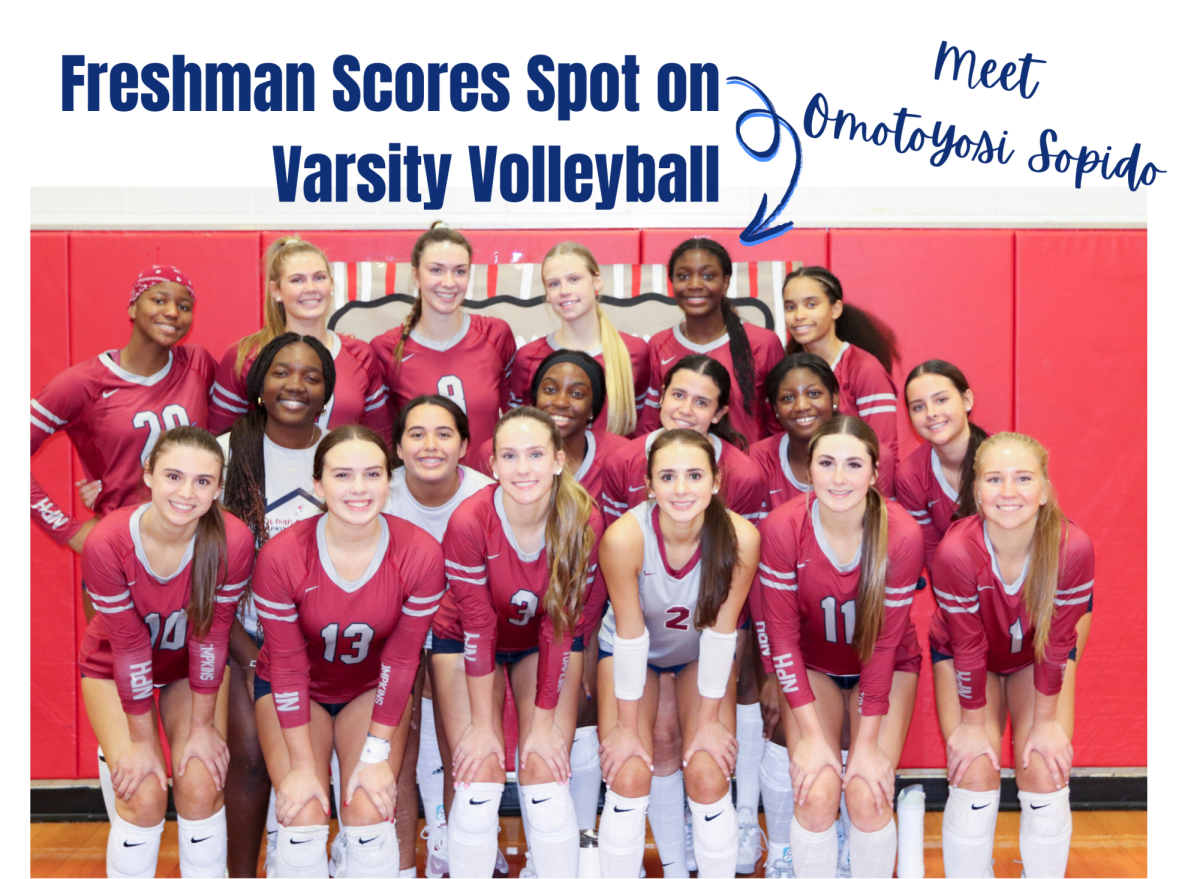 At the Tompkins versus Katy High School game, Omotoyosi Sopido, is photographed with the varsity volleyball team. 